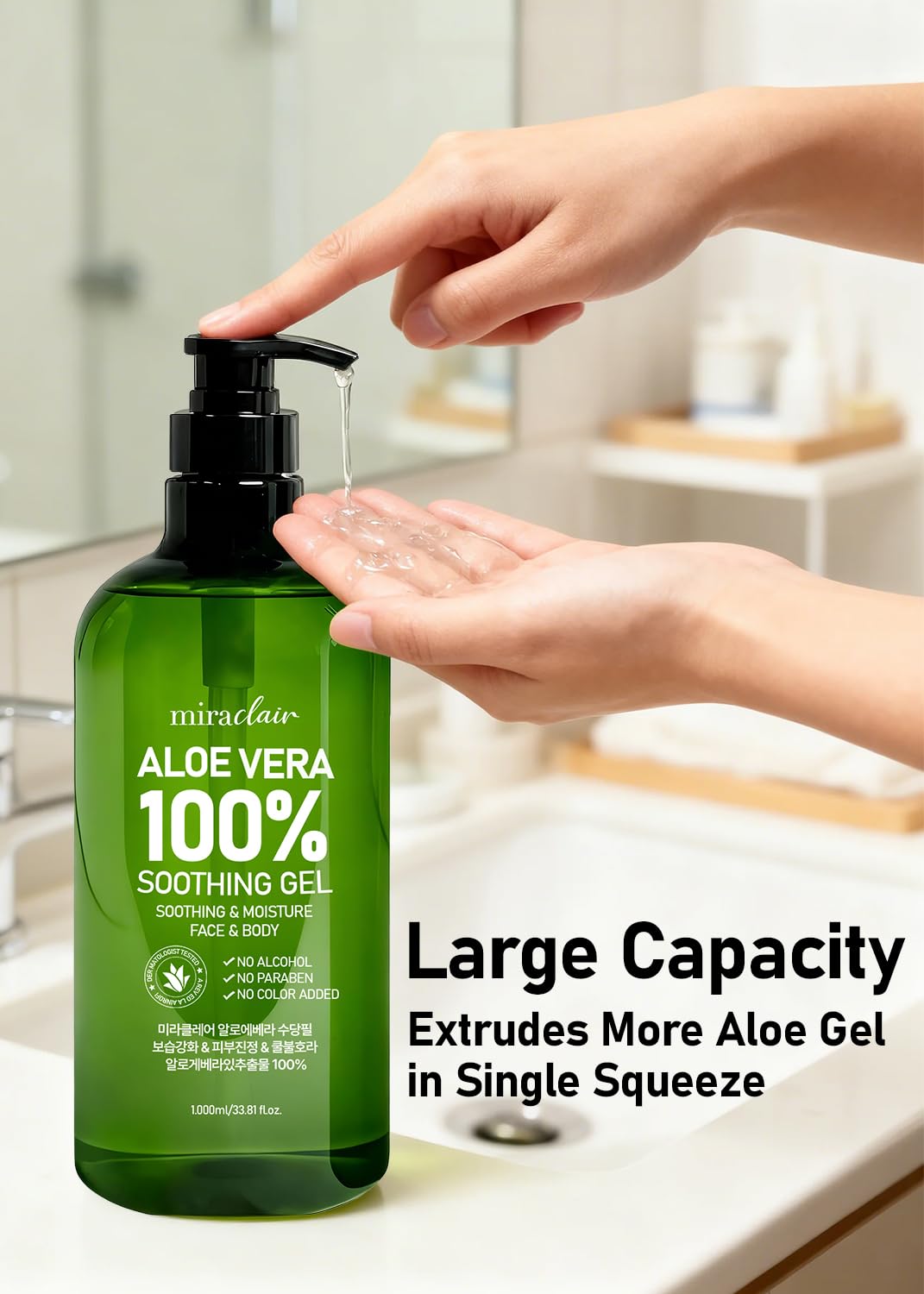 MIRACLAIR 100% Pure Aloe Vera Soothing Gel – Aloe Vera Gel 1000ml, Moisturizing & Calming Skin Care for Face & Body Hair 33.81 fl oz