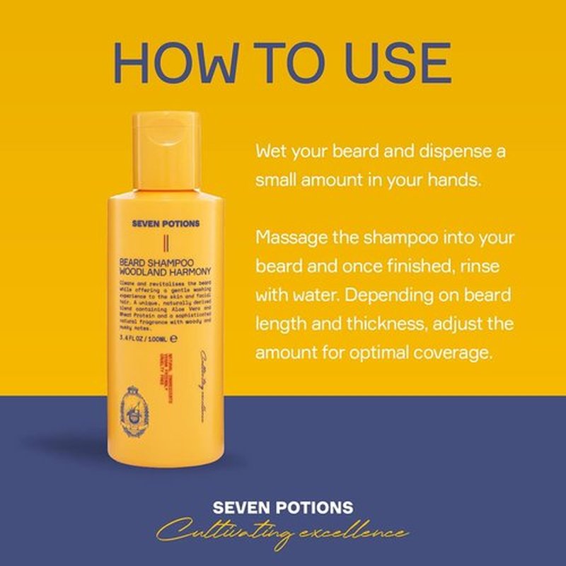 SEVEN POTIONS Beard Shampoo for Men — Gentle, Cleansing Wash for a Clean, Itch-Free Beard — Natural, Vegan, Cruelty-Free — (Woodland Harmony, 3.4 Fl Oz)