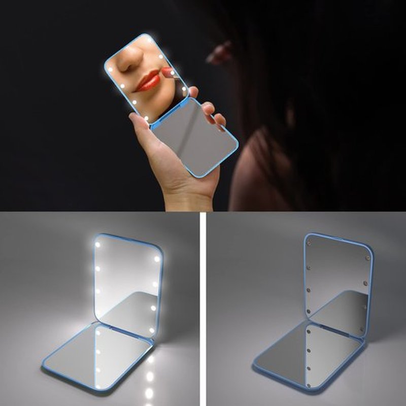 Kintion Pocket Mirror, 1X/3X Magnification LED Compact Travel Makeup Mirror with Light for Purse, 2-Sided, Portable, Folding, Handheld, Small Lighted Mirror for Gift, Blue
