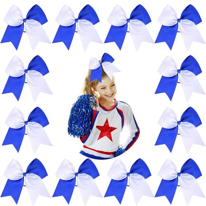 DEEKA 12PCS 8" Two Toned Large Cheer Hair Bows Ponytail Holder Handmade for Teen Girls Softball Cheerleader Sports-Royal Blue/White