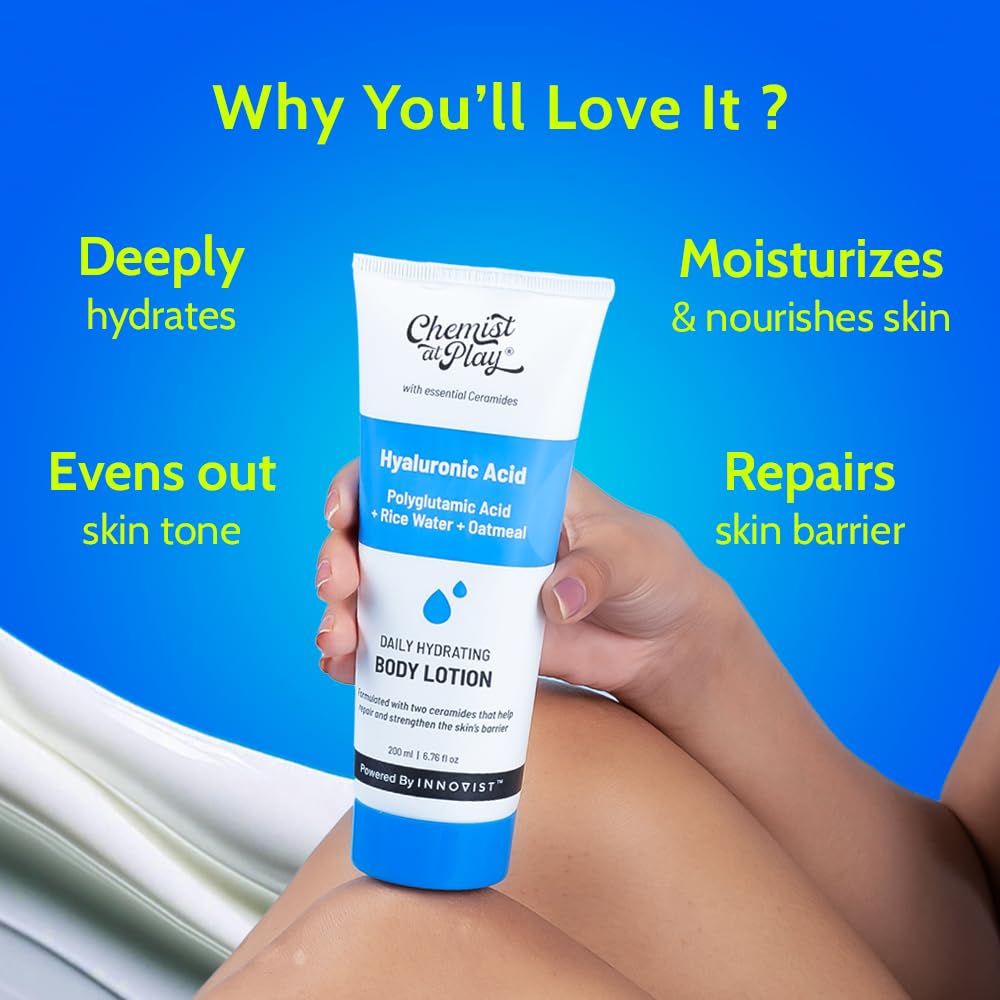 Chemist at Play Hydrating Body Lotion with Rice Water & Hyaluronic Acid for Deep Moisturization | All Skin Type | Hydrate Dry and Flaky Skin | Vegan & Cruelty-Free | 7 fl oz.