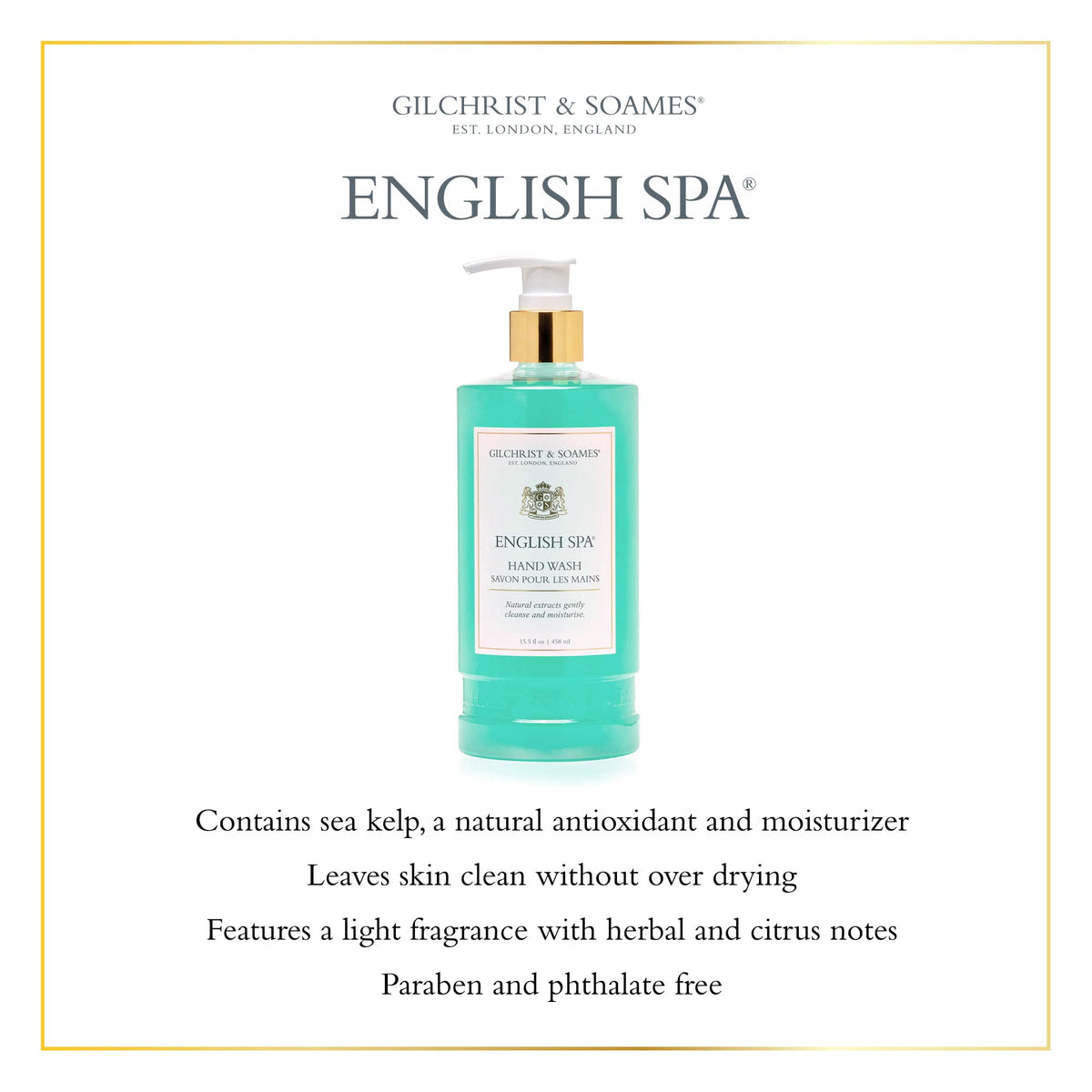 Gilchrist & Soames English Spa Hand Wash - 15.5oz - Citrus and Herbal Notes, Gently Cleansing, Zero Parabens, Sulfates, and Phthalates