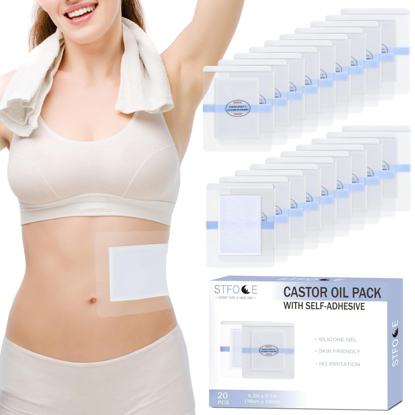 STFOCE 20pcs Castor Oil Pack Wrap, Castor Oil Patches for Abdominal Area, Silicone Gel Technology for Gentle Sensitive Skin Comfort, Low Sensation Wear, Painless Removal