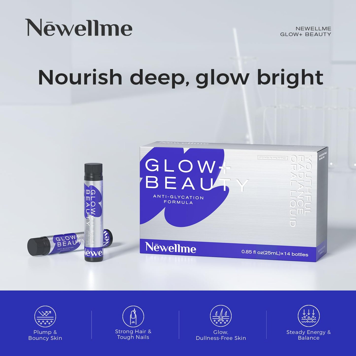 NEWELLME Liquid Collagen Drink for Women, 18,000mg Multi Collagen Complex with Hyaluronic Acid & Antioxidants, Beauty Supplement for Skin Hydration, Hair & Nails, Blue Raspberry, 14 Bottles