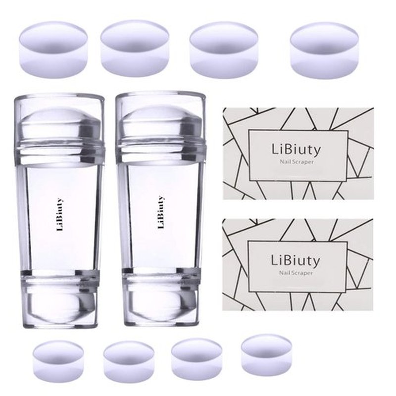 LiBiuty 2Pcs Dual Head Clear Jelly Nail Art Stamper Set 2 Scraper with Extra 8Pcs Silicone Heads Manicure Nail Art Tool