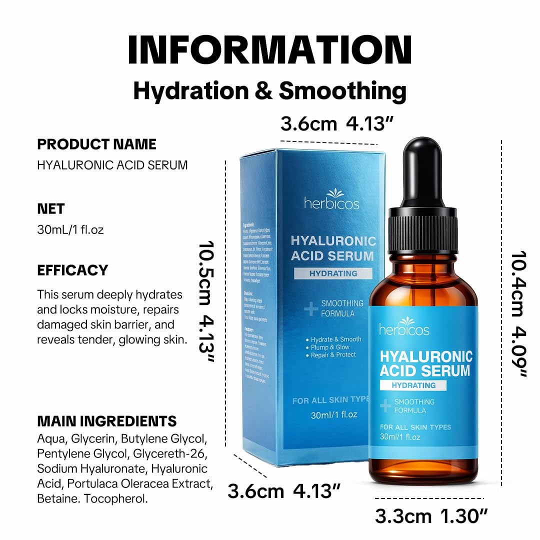 HERBICOS Hyaluronic Acid Serum for Face - 1 Fl Oz with Vitamin C, E & Jojoba Oil - Hydrating Anti-Aging Facial Serum, Brightens & Plumps Skin, Fast Absorbing Non-Sticky Formula
