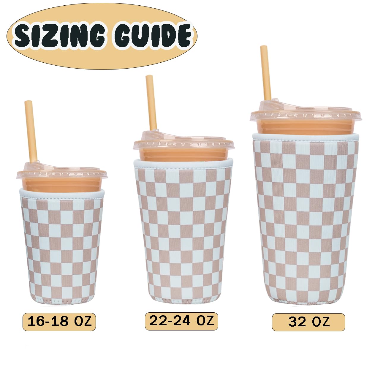 Reusable Insulated Neoprene Iced Coffee Cup Sleeve, Durable Drink Sleeve for Cold Beverages, Beverage Holder for Iced Coffee, Classic Checker