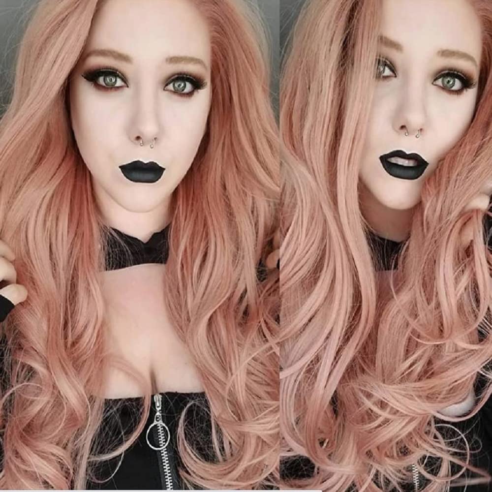 Sylvia Peach Pink Lace Front Wigs Long Curly Wave Layered Dusty Pink Heat Safe Synthetic Hair Lace Front Wigs Decent Parting Space Transparent Lace for White Pale Scalp for Drag Queen…