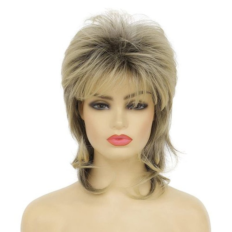 Dai Cloud Blonde Mullet Wig for Women Shaggy Shoulder Length Layered Wig 70s 80s Wigs Cosplay Daily Hair Wigs (Black Mix Blonde)