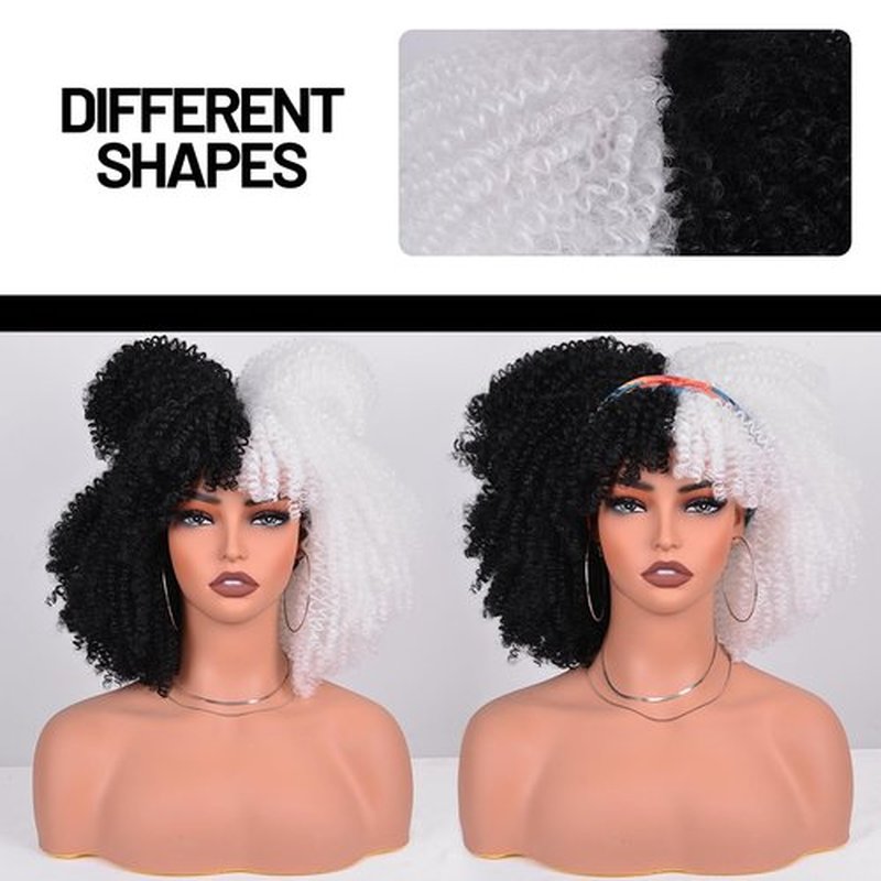 Kinky Curly Wigs with Bangs for Black Women about 280g/Piece Afro Bomb Kinky Curly Wig Heat Resistant Fluffy and Soft Synthetic Hair Wig 12 Inches (Black and White)