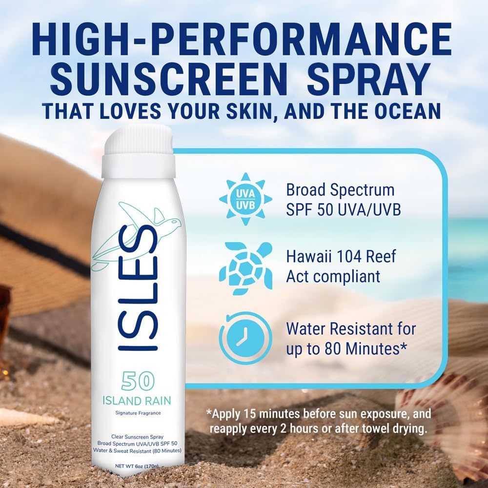 Coral Isles Island Rain Sunscreen Spray SPF 50 - Hawaii Reef Safe Compliant - Oxybenzone Free - Broad Spectrum UVA/UVB - Water Resistant (80 Min) - 6 Fl Oz (Pack of 2)