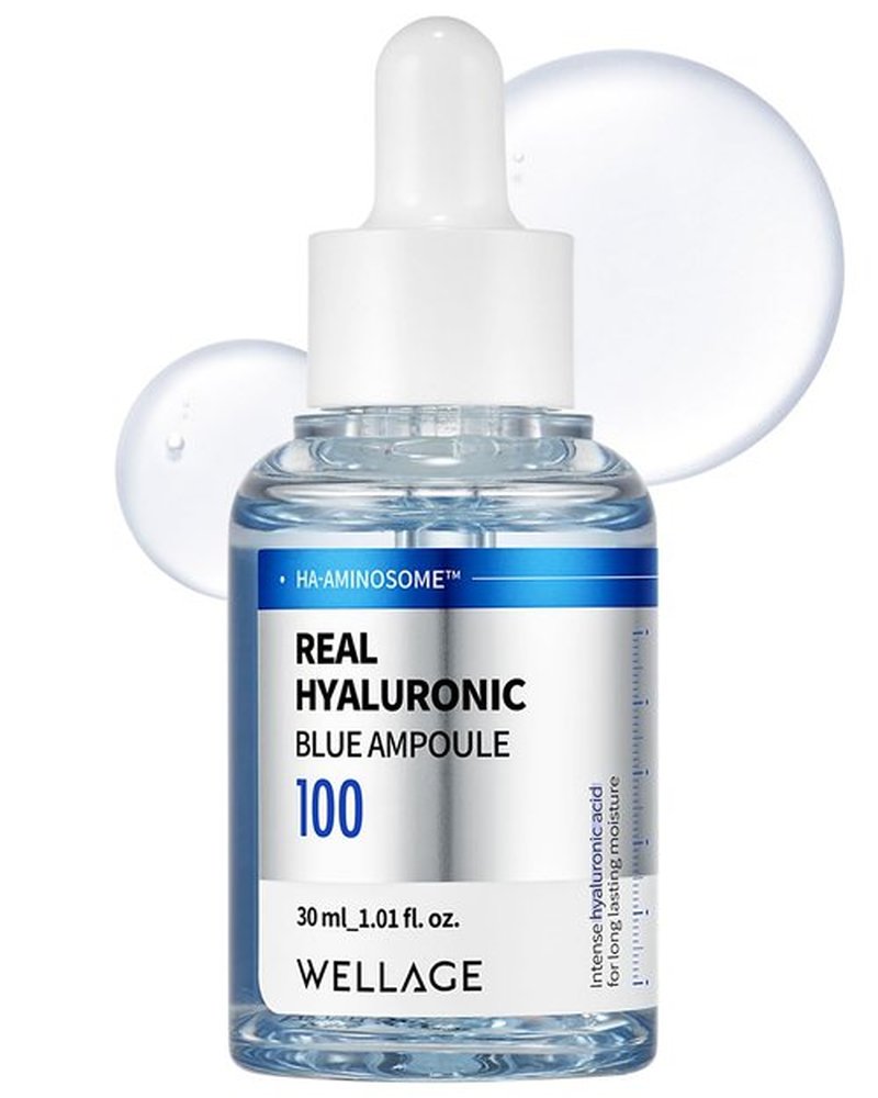 WELLAGE Real Hyaluronic Blue Ampoule 100, Fragrance Free Hyaluronic Acid Ampoule, Hydrating Non Sticky Serum for Sensitive Dry Skin, 1.01 fl.oz