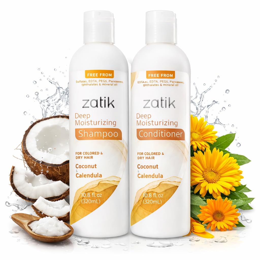 Zatik Naturals - Deep Moisturizing Shampoo with Coconut & Calendula - Vegan, Biodegradable, pH balanced, for Colored and Dry Hair, Free From Sulfates, phthalates & Synthetic Fragrances - 10.8 Fl Oz