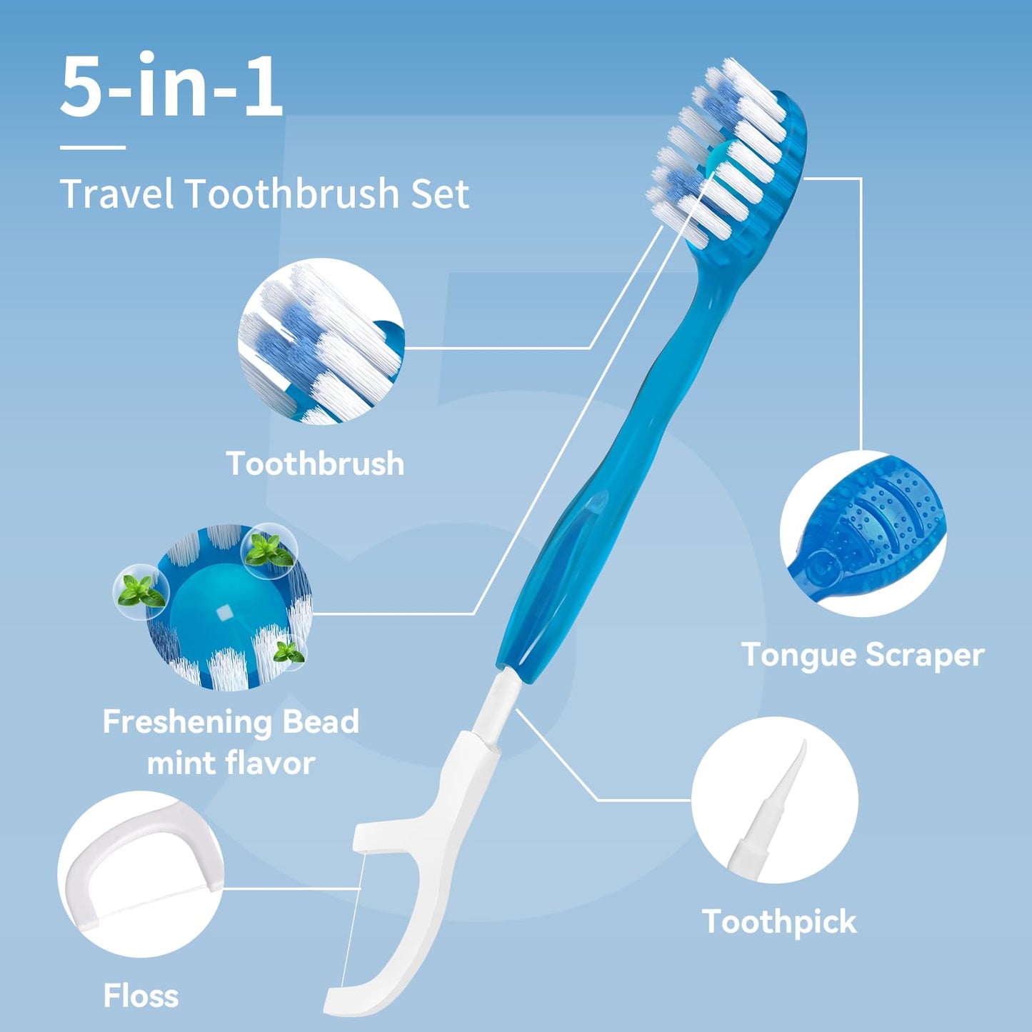 Kucbraly 40 Count Disposable Mini Travel Toothbrushes Individually Wrapped, 5 in 1 Pre-Pasted Mini-Brush+Floss+Pick+Tongue Scraper, On The Go Toothbrush with Freshening Bead, Coolmint