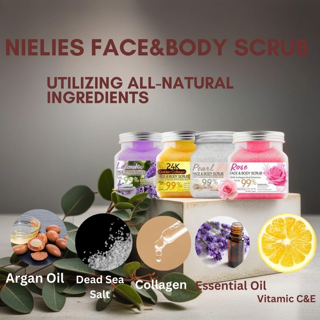Nielies Honey Body Scrubs 18 Oz-Almond Body Scrub, Exfoliating Body Scrub with Sea Salt, Argan Oil and Vitamic C-Sugar Scrub for Body, Face-Body Scrubs for Women(Honey)