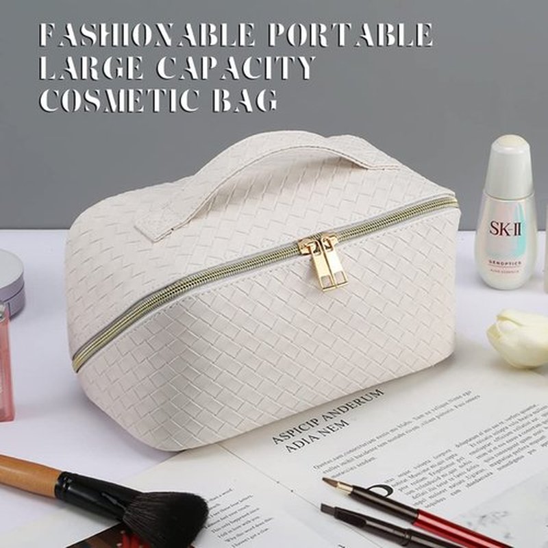 MINGRI Large Capacity Travel Cosmetic Bag for Women,Portable PU Leather Checkered Makeup Bag Water Resistant,Flat Open Multifunctional Storage Toiletry Bag with Divider and Handle (Woven-White)