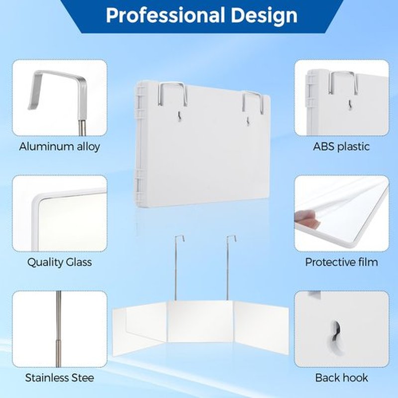 360 Trifold Mirror with Height Adjustable Telescoping Hooks, Includes Black Dual-Purpose Styling Comb - Ideal for Self Hair Cutting, Makeup - Essential for Travel, Bedroom, Bathroom (White)