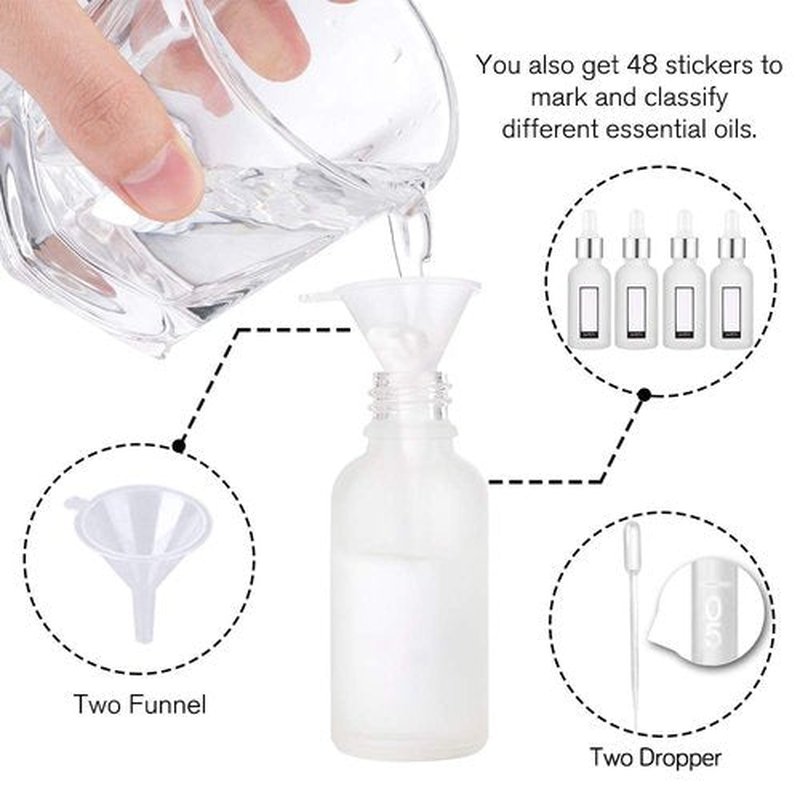 PrettyCare Eye Dropper Bottle 1 oz (24 Pack Frosted Glass Bottles 30ml with Silver Caps, 48 Labels, Funnel & Measured Pipettes) Empty Tincture Bottles for Essential Oils, Perfume