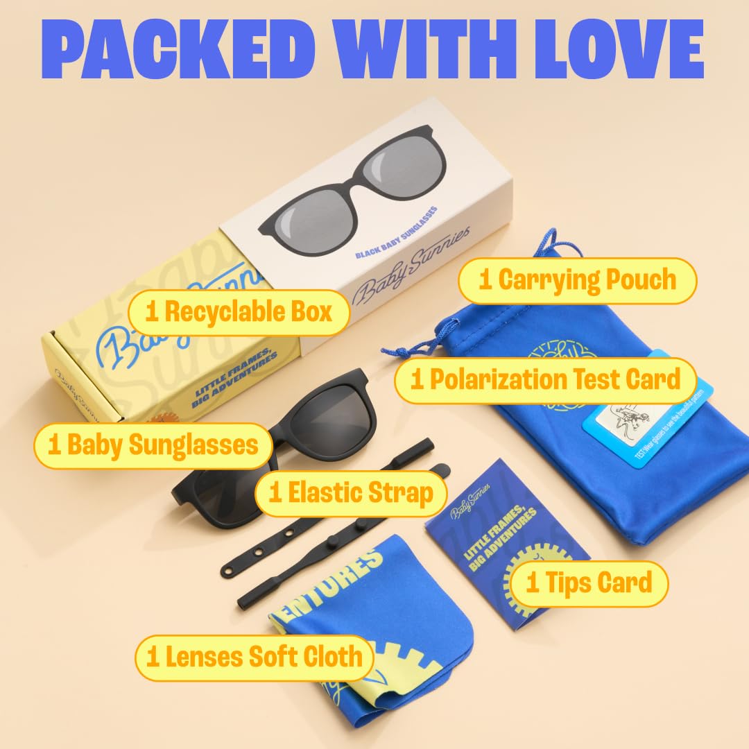 BABY SUNNIES Polarized Infant Sunglasses - 0-24 Months, Black Frame, Strap - UV400 Protection & Baby Travel Essential - Unbreakable Design for Baby Beach Essentials