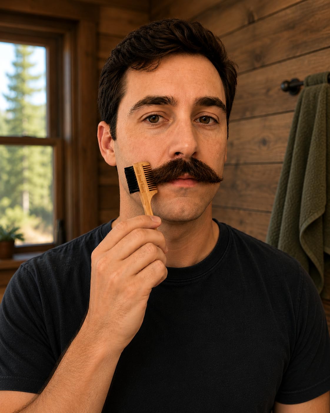 2-in-1 Sapling Split-leaf Mustache Brush & Comb (2-Pack) from Green Beard Grmng - Boar Bristle & Bamboo