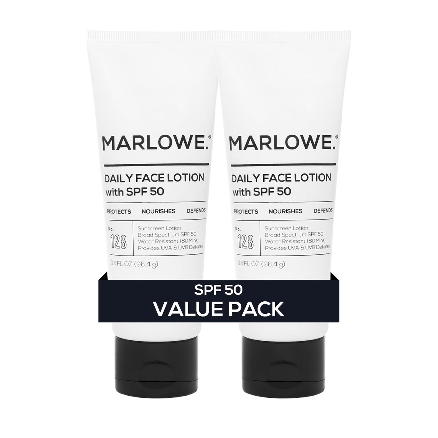 MARLOWE. Face Moisturizer with SPF 50, 3.4 oz, 2 Pack, Lightweight, Non-Greasy Daily Sunscreen Lotion to Protect, Hydrate & Nourish, Clean, Vegan Formula with Aloe Vera & Shea Butter, Fragrance Free