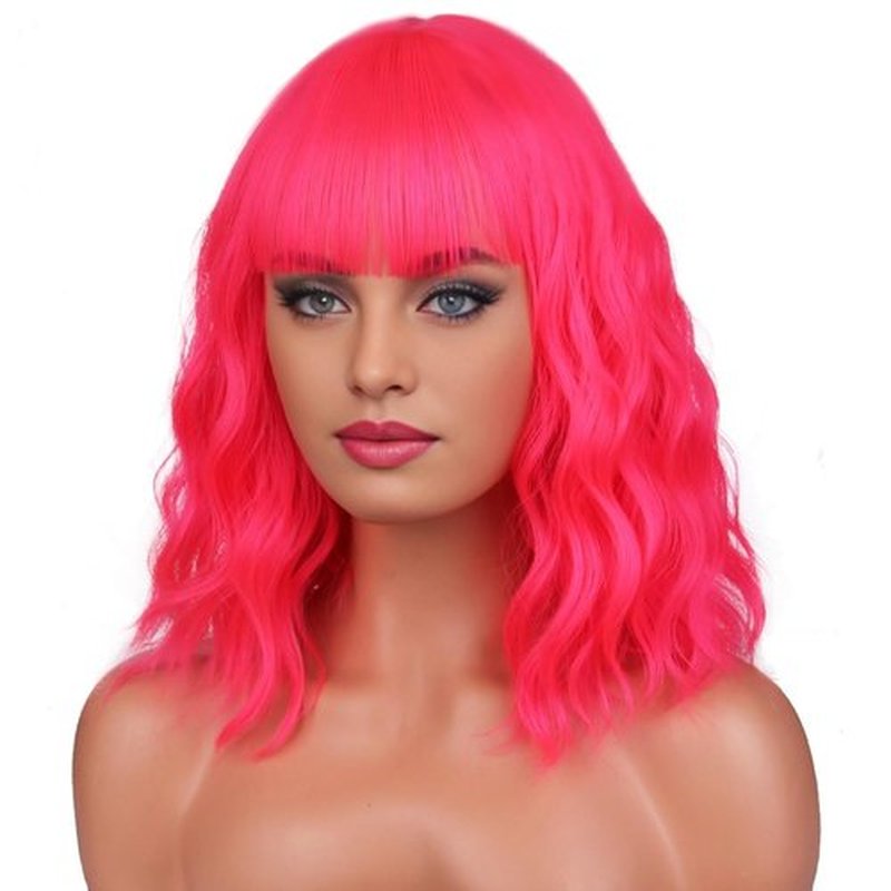 BERON 14 Inches Neon Pink Wig Short Curly Wig Pink Wig with Bangs Women Girl's Charming Wig Hot Pink Wig Synthetic Wig with Wig Cap