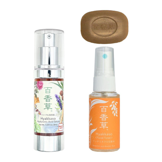 Hyakkaso Hyaluronic Acid Herbal Serum, Mini Toner&Soap Set, High Moisturizing and Acne Care, Japanese Skincare, 30ml (1.01 fl Oz)