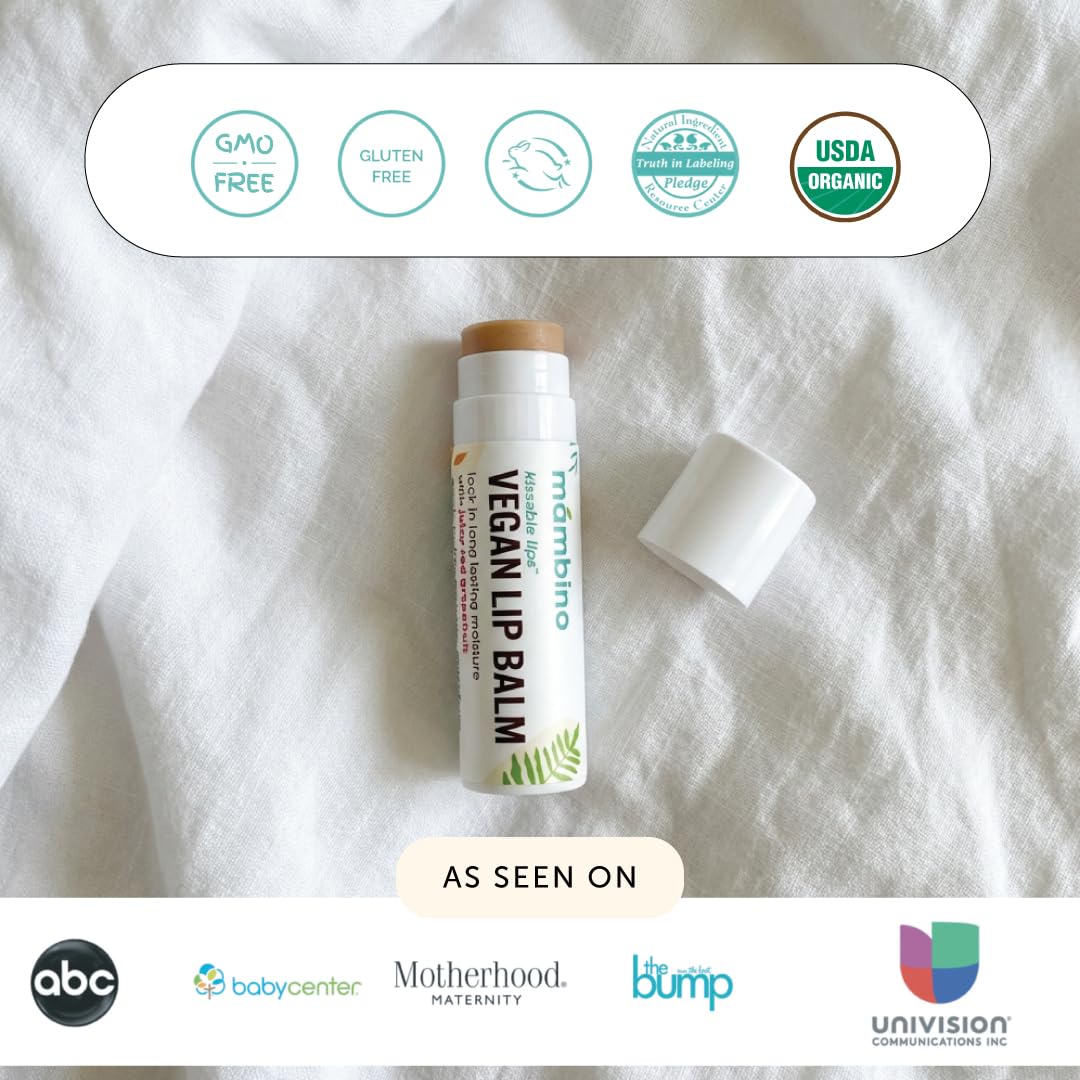 Mambino Organics Kissable Lips Vegan Lip Balm, Glossy Pink Grapefruit Lip Moisturizer, Hydrating Plant-Based Lip Care with Olive & Jojoba Oils, Clean Beauty Lip Product, 7 g
