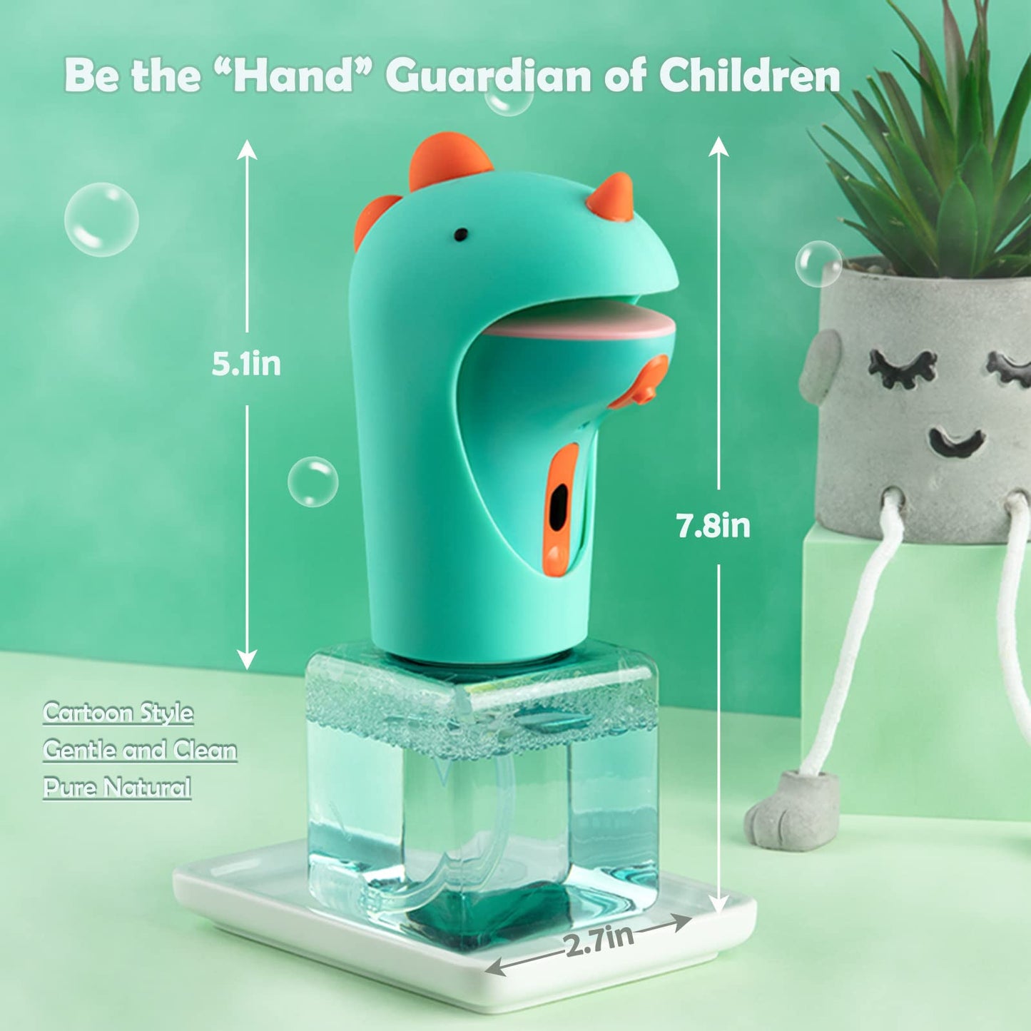 Seawah Automatic Soap Dispenser for Kids,IPX6 Waterproof Cute Dinosaur Foam Smart Hand Foaming Touchless Soap Dispenser for Bathroom Countertop, 8.7oz/250ML