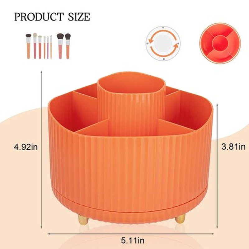 Anyoifax 360° Rotating Makeup Brush Holder Organizer, Make up Brushes Cup for Vanity, 5 Slot Spinning Makeup Organizers for Cosmetics, Lipstick, Pen, Orange