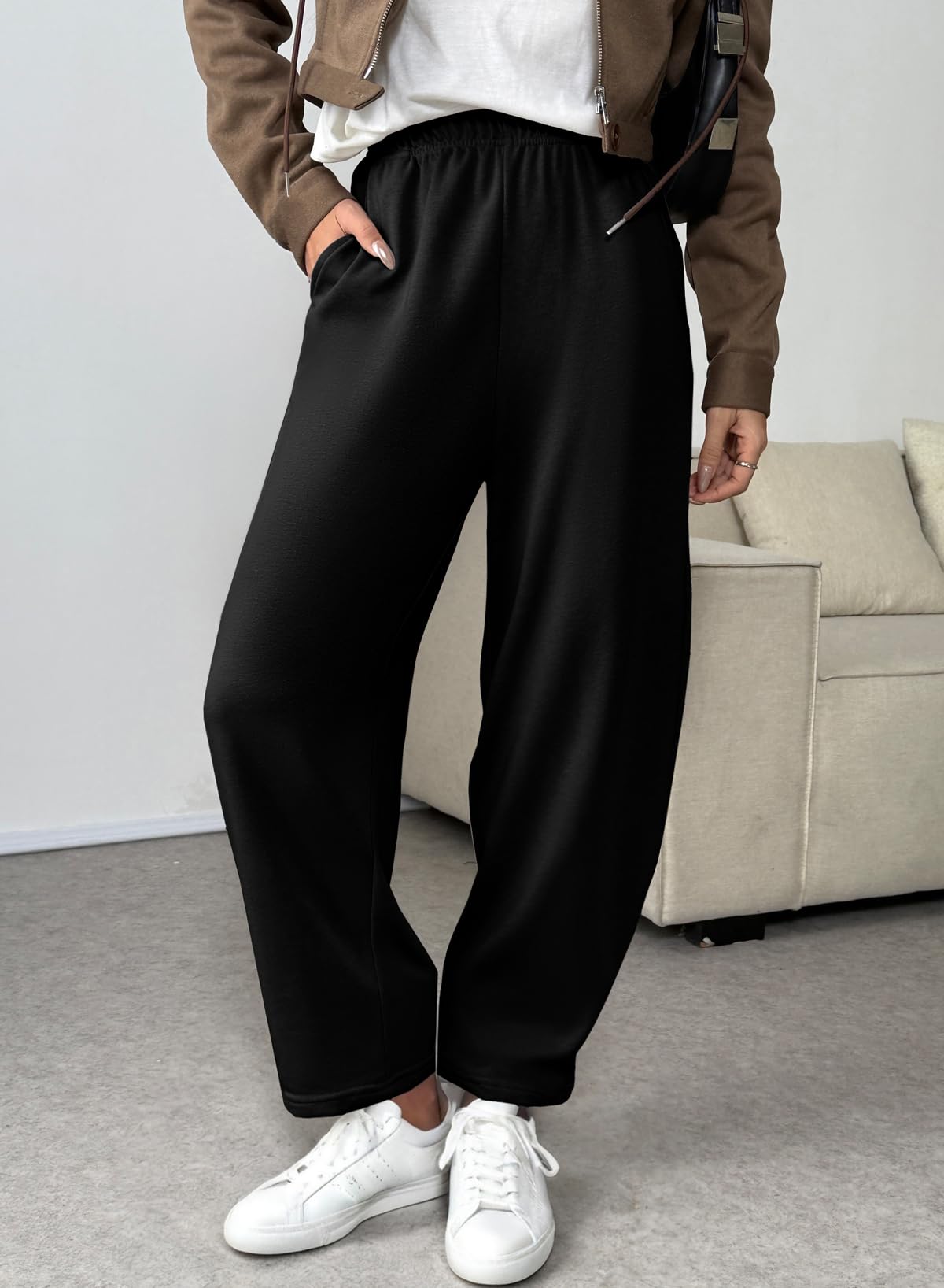 EVALESS Wide Leg Sweatpants Women Fall Clothes Casual Elastic High Waisted Baggy Pants Cropped Length Ballon Joggers with Pockets Black X-Large
