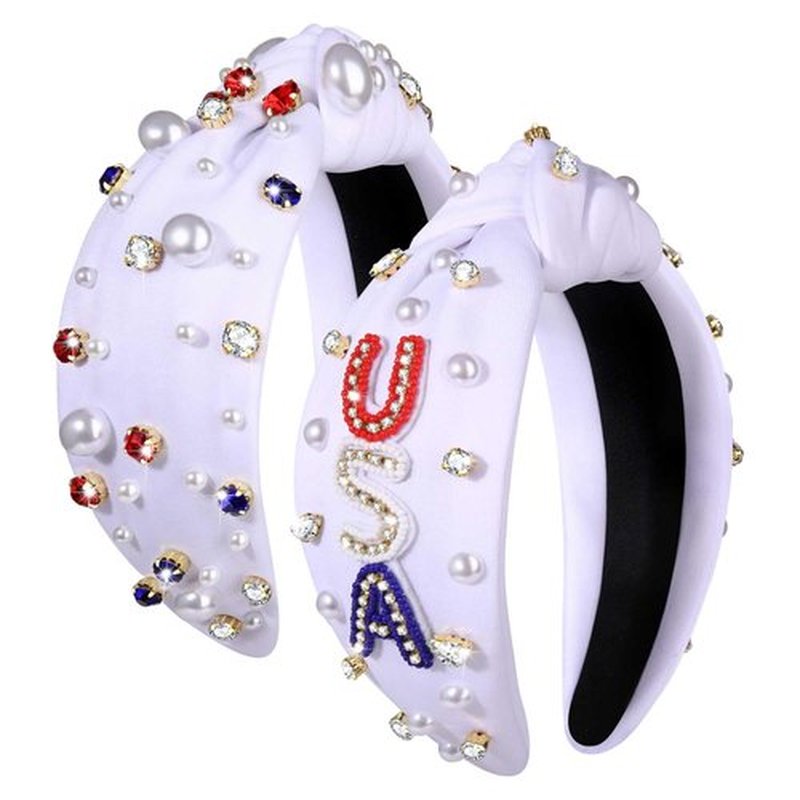 PHALIN American Headband for Women 4th of July Headband Embellished Crystal Rhinestone Knotted Headband USA Star Headband Independence Day Hair Accessories Party Gifts (2PCS F)