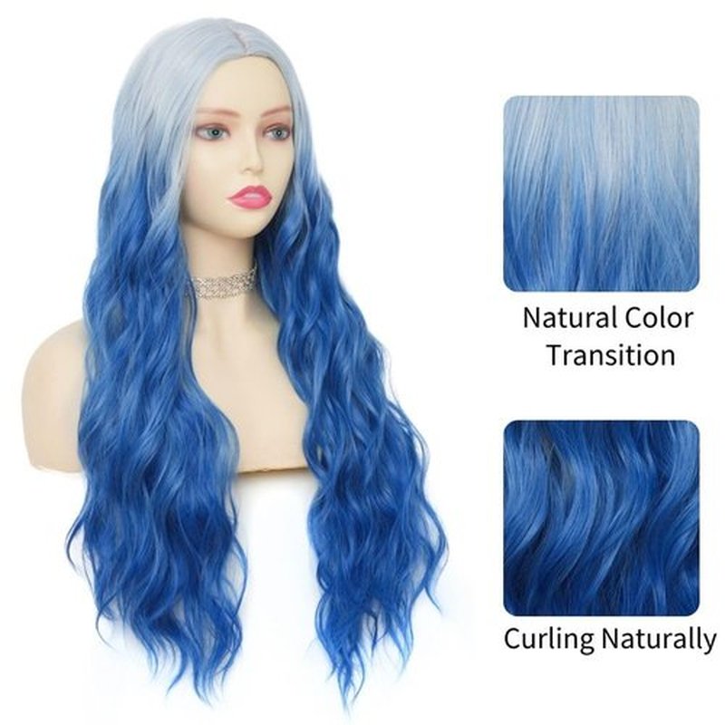 Tseses Blue White Long Wavy Women Wigs Middle Part Wigs for Women Synthetic Wig Daily Party Use (Ombre Blue)