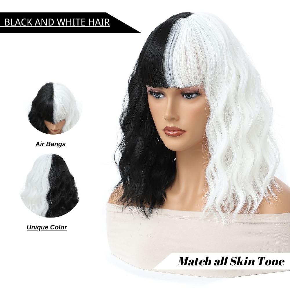 Black and White Wig, Halloween Wigs for Women, Short Bob Wavy Wig with Bangs Loose Curly Shoulder Length Wig Synthetic Cosplay Wig for Girl Colorful Cosplay Wigs Half Black and Half White 14 Inch
