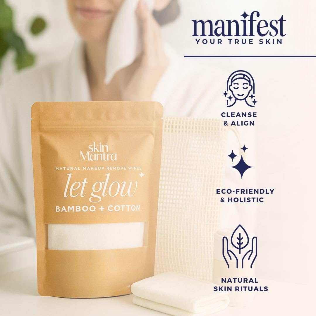 [SKIN MANTRA] Let Glow Bamboo + Cotton Reusable Makeup Remover Wipes – 2-Pack with Mesh Wash Bag – Double-Layer Soft Face Cloths for Makeup Removal, Daily Cleansing & Mask Removal