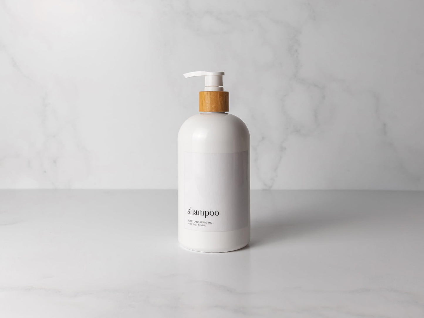 Heartland Lettering Shampoo and Conditioner Dispenser - Modern Refillable Shower Soap Container Set of 3, Plastic Bottles with Waterproof Labels, White Empty Bottle & Bamboo Pumps
