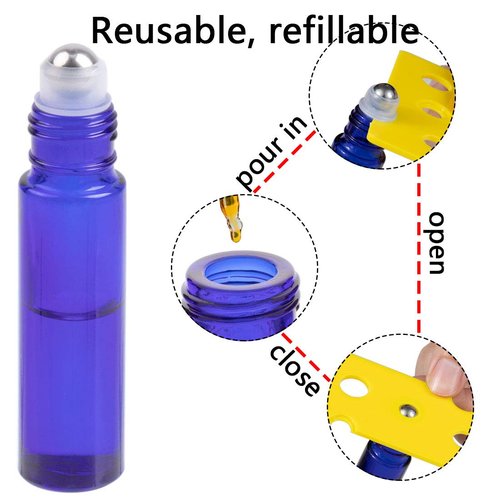 ZIZEMOJA 6Pcs 10ml Essential Oil Roller Bottles, with Stainless Steel Roller Balls, 10ml Blue Glass Roll on Bottles for Essential Oils, 1 Extra Roller Ball, 6 Labels, 1 Openers, 2 Droppers Included