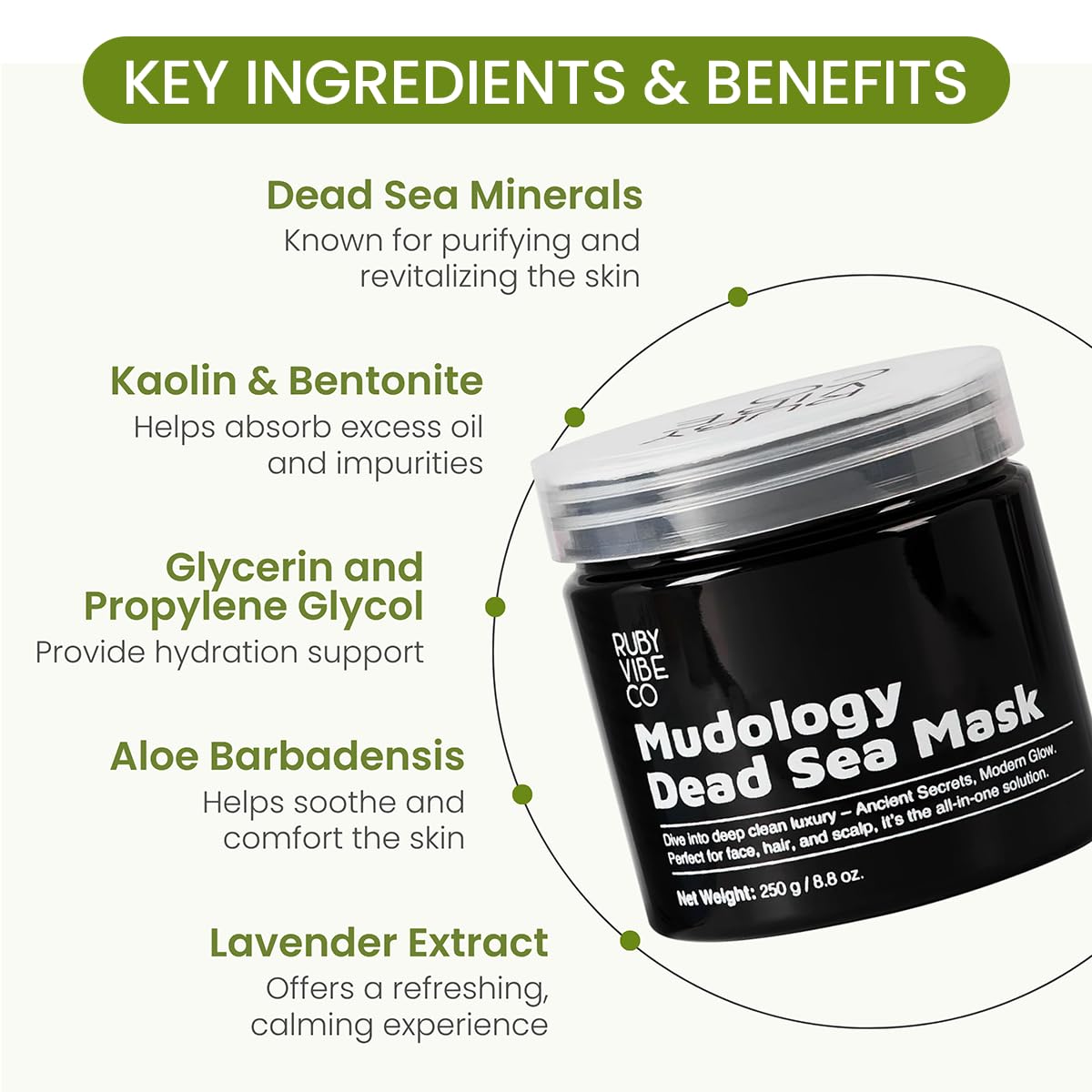 RUBY VIBE CO Mudology Dead Sea Mud Mask, Clay Mask for Face, Body & Hair, Deep Pore Cleansing, Detox & Oil Control for Smooth, Radiant Skin, 250g/8.8oz