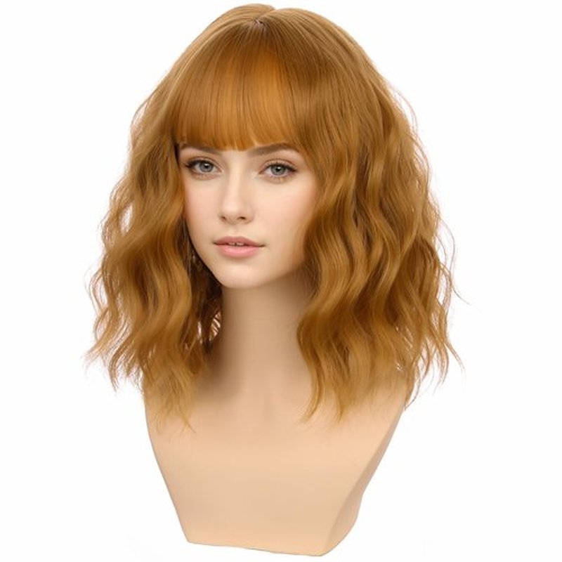 PATTNIUM Strawberry Blonde Wig with Bangs for Women Short Curly Wavy Blonde Wig Strawberry Blonde Bob Synthetic Wig with Wig Cap