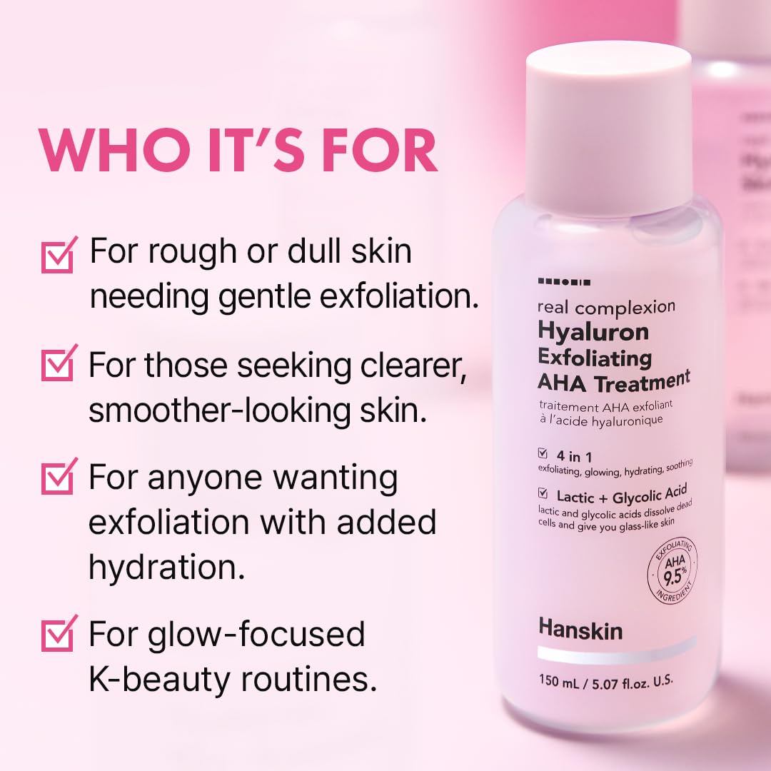Hanskin Hyaluron Exfoliating AHA Treatment – Korean Exfoliating Toner with Glycolic & Lactic Acid for Smooth, Hydrated, Glass Skin | pH-Balanced Daily Skin Booster for Dull, Dry Skin, 5.07 fl oz