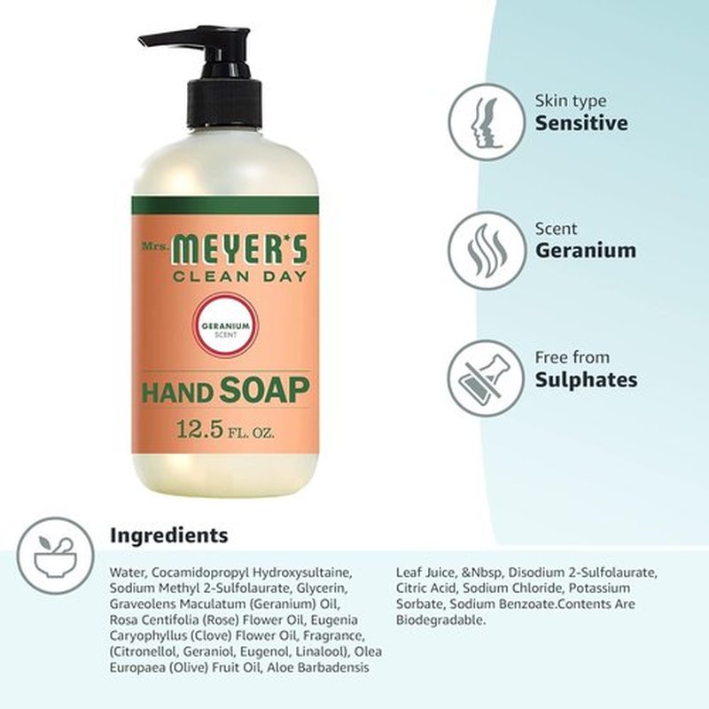 MRS. MEYER'S CLEAN DAY Hand Soap, Geranium, Made with Essential Oils, 12.5 oz- Pack of 2