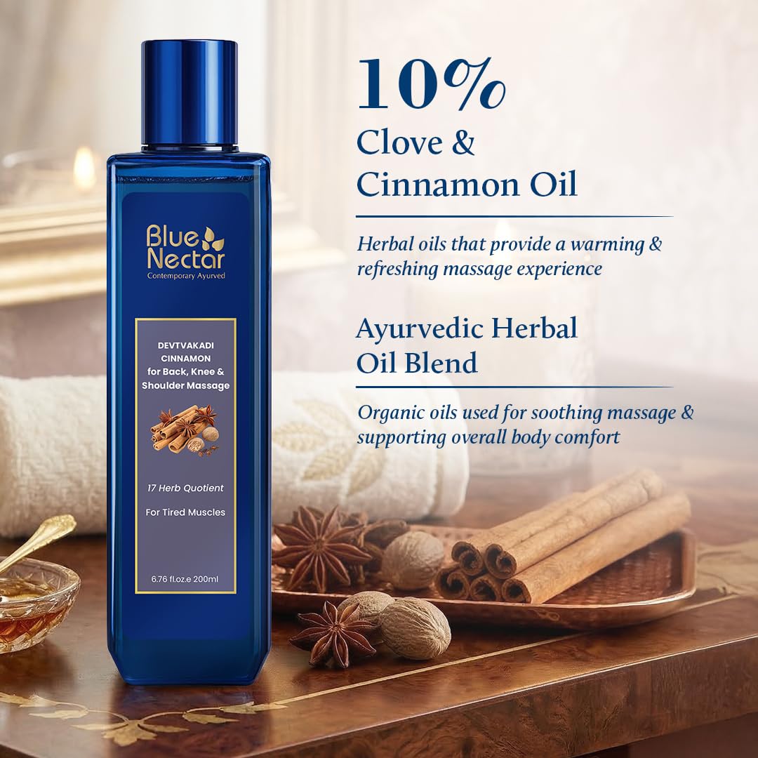 Blue Nectar Ayurvedic Back, Joint and Shoulder Pain Oil with Cinnamon, Clove Essential Oils (17 Herbs, 3.38 Fl oz)