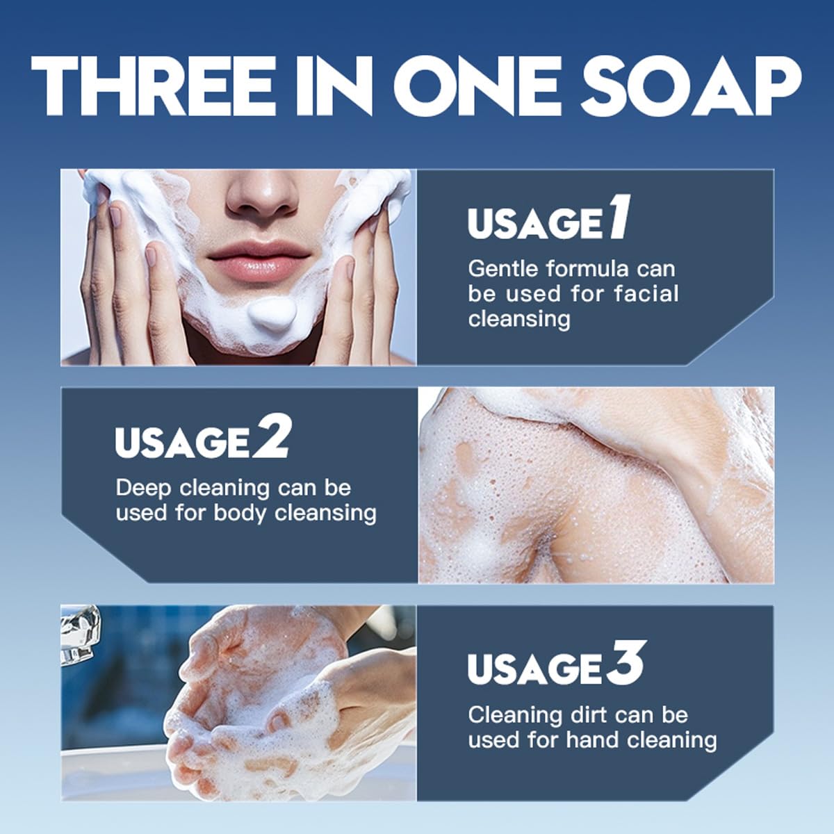 BEUKING 3 in 1 Bar Soap for Men, Bar Cleanser for Body, Face, and Shaving Extra, Gentle Body and Facial Cleanser Effectively Washes, Moisturizing Bar Soap to Clean and Hydrate Skin (3.53 oz, Blue)