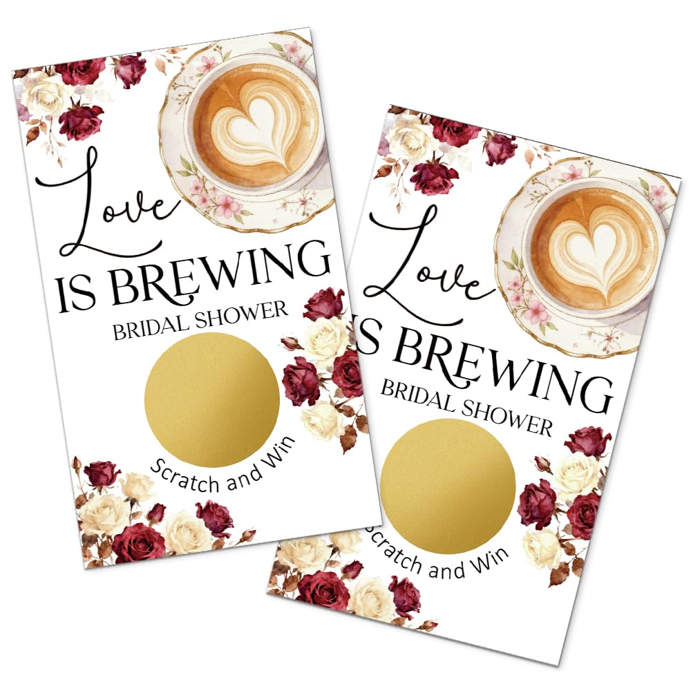 TOUNER 50Pcs Love Is Brewing Bridal Shower Scratch Off Game, Coffee Bridal Shower Game Scratch Card, Funny Wedding Raffle Ticket Lottery Games for Floral Coffee Lover, Engagement Party Reveal Supplies