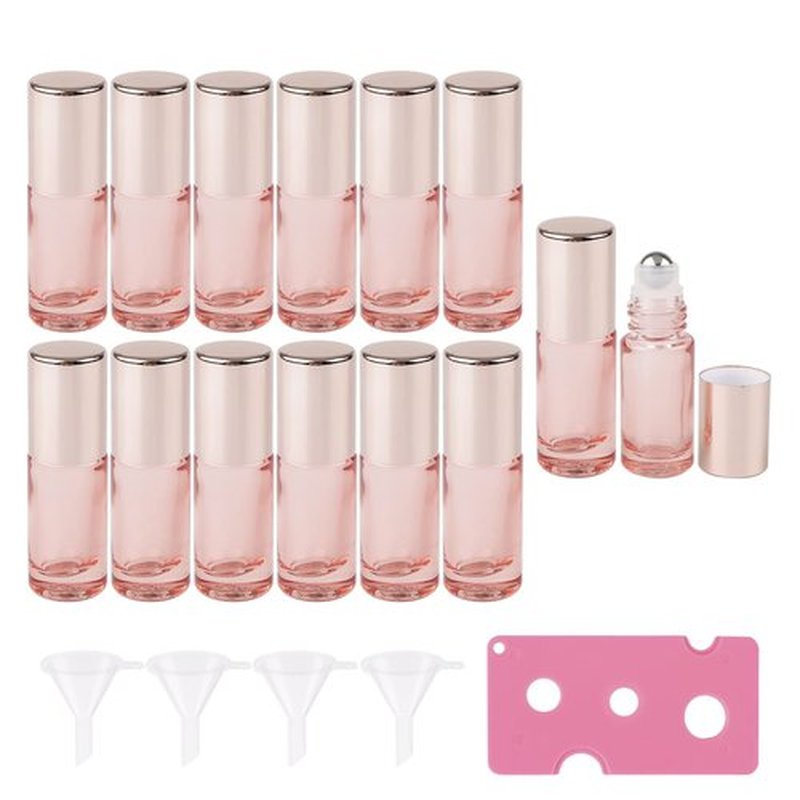 Kesell 14 Pack 5ml Roller Bottles Clear Pink Empty Refillable Glass Sample Vial with Stainless Steel Balls for Essential Oil Perfume Aromatherapy, 4 Funnels + 1 Opener