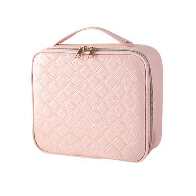 JXAUDEKK Large Capacity Travel Makeup Train Case with LED Mirror,Rechargeable LED Light for Makeup Cosmetic Case with Brushes Storage Organizer,Travel Box Cosmetic Bag for Women (Pu Leather Pink)