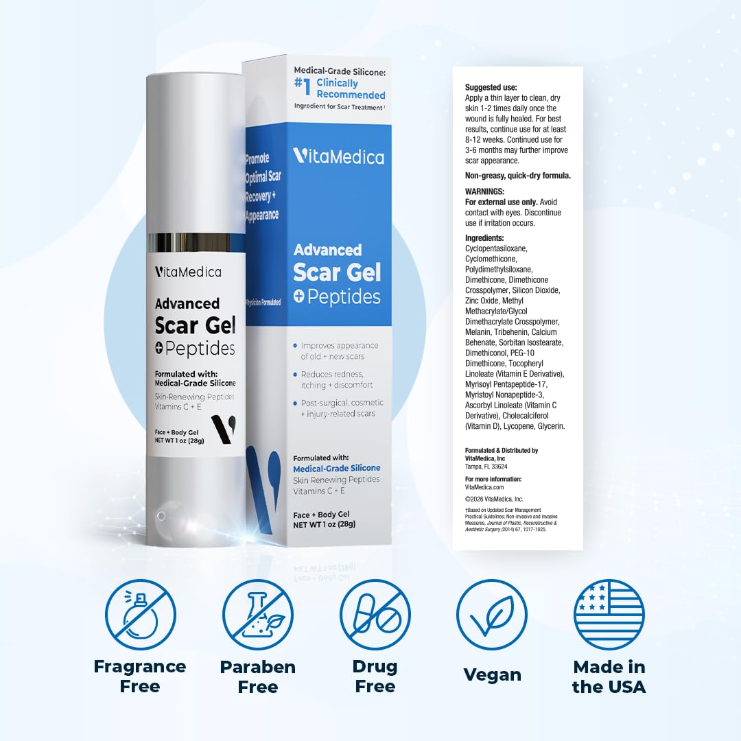 VitaMedica Scar Gel + Peptides - Medical Grade Silicone Scar Gel for Old & New Scars, Acne, Surgical, Burn & Keloid, Helps Reduce Redness & Itching, Face & Body, 1 oz