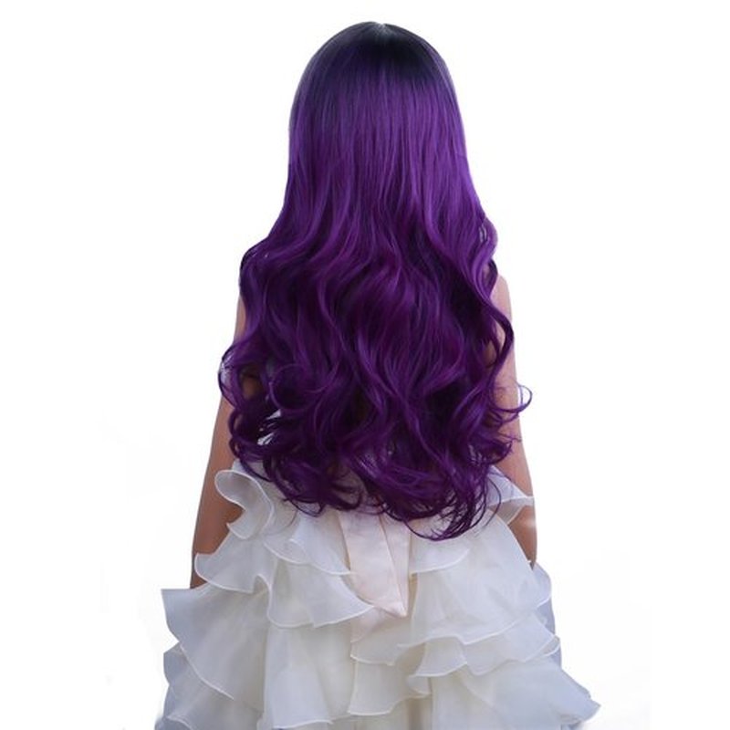 PATTNIUM Dark Purple Wig Kids Child Wig Long Curly Wavy Wig Ombre Purple Wig Middle Part Girls Wig Black to Purple Wigs Heat Resistant Synthetic Hair Wig with Wig Cap