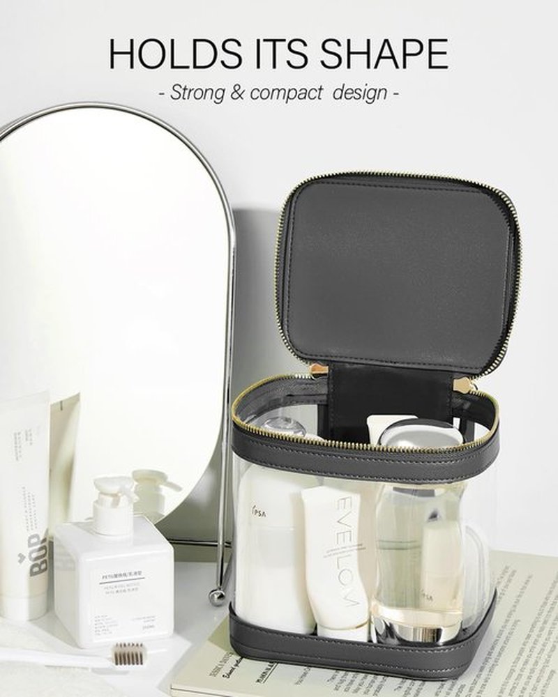ROWNYEON Clear Makeup Bag, Travel Toiletry Bag Transparent Cosmetic Case with Zipper, Portable Make Up Organizer Clear Car Bag for Essentials with Handle (Black)
