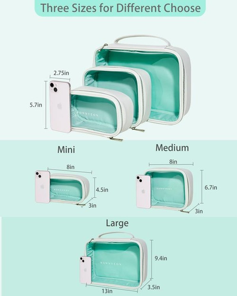 Rownyeon Clear Makeup Case 3 Pcs Transparent Cosmetic Bag Set Travel Makeup Train Case Portable Cosmetic Organizer with Handle White
